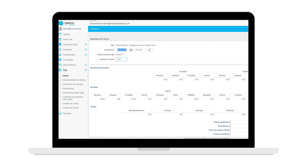 Cierre de Caja, administración de centro médico igaleno