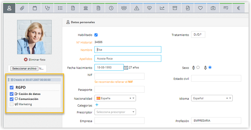 Cumplimiento RGPD en la ficha de datos del paciente