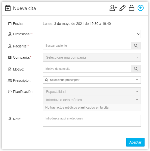 Gestión de Pacientes. Nueva cita del paciente