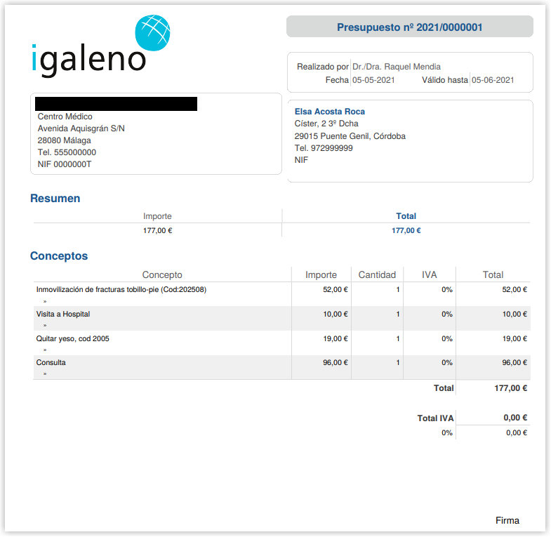 Agilizar procesos de administración del centro médico. Presupuesto impreso.